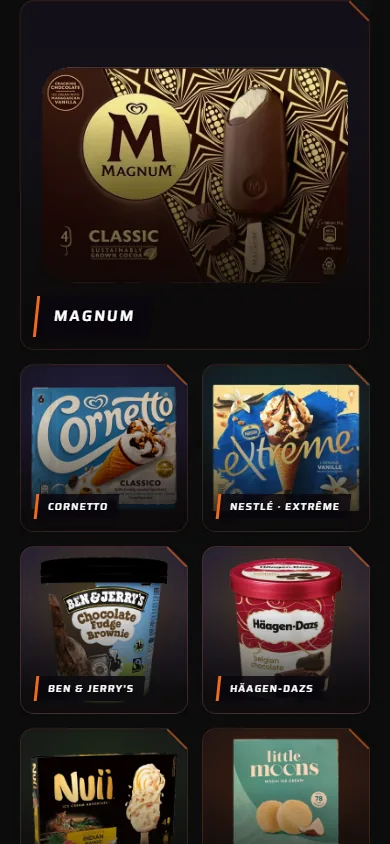 Le rayon glaces sur téléphone : cartes Magnum, Cornetto, Ben & Jerry's sur fond nuit