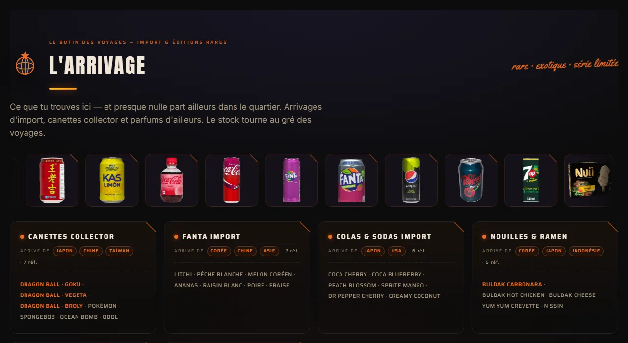 Section L'Arrivage du site Black Pearl : rangée de canettes import détourées et cartes Canettes collector, Fanta import, Colas & sodas, Nouilles & ramen