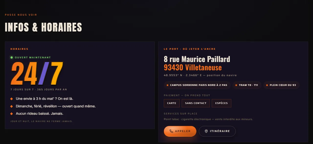 Section Infos du site : grand 24/7 orange et violet, adresse à Villetaneuse, moyens de paiement