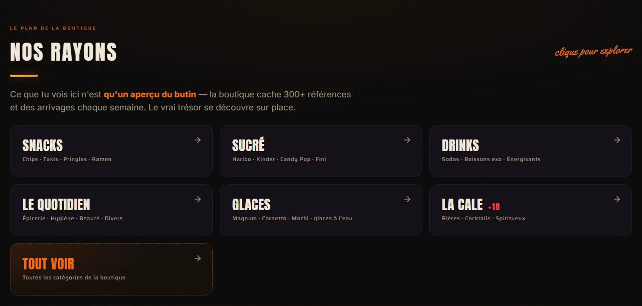 Le plan de la boutique sur le site : cartes cliquables Snacks, Sucré, Drinks, Le Quotidien, Glaces, La Cale